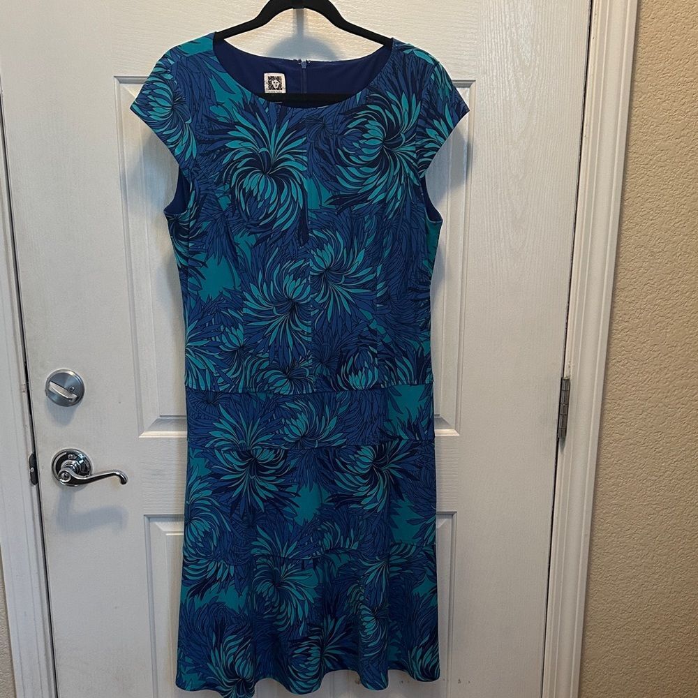 Anne Klein Teal and Blue Floral Midi Dress Stretchy Knit Size 14